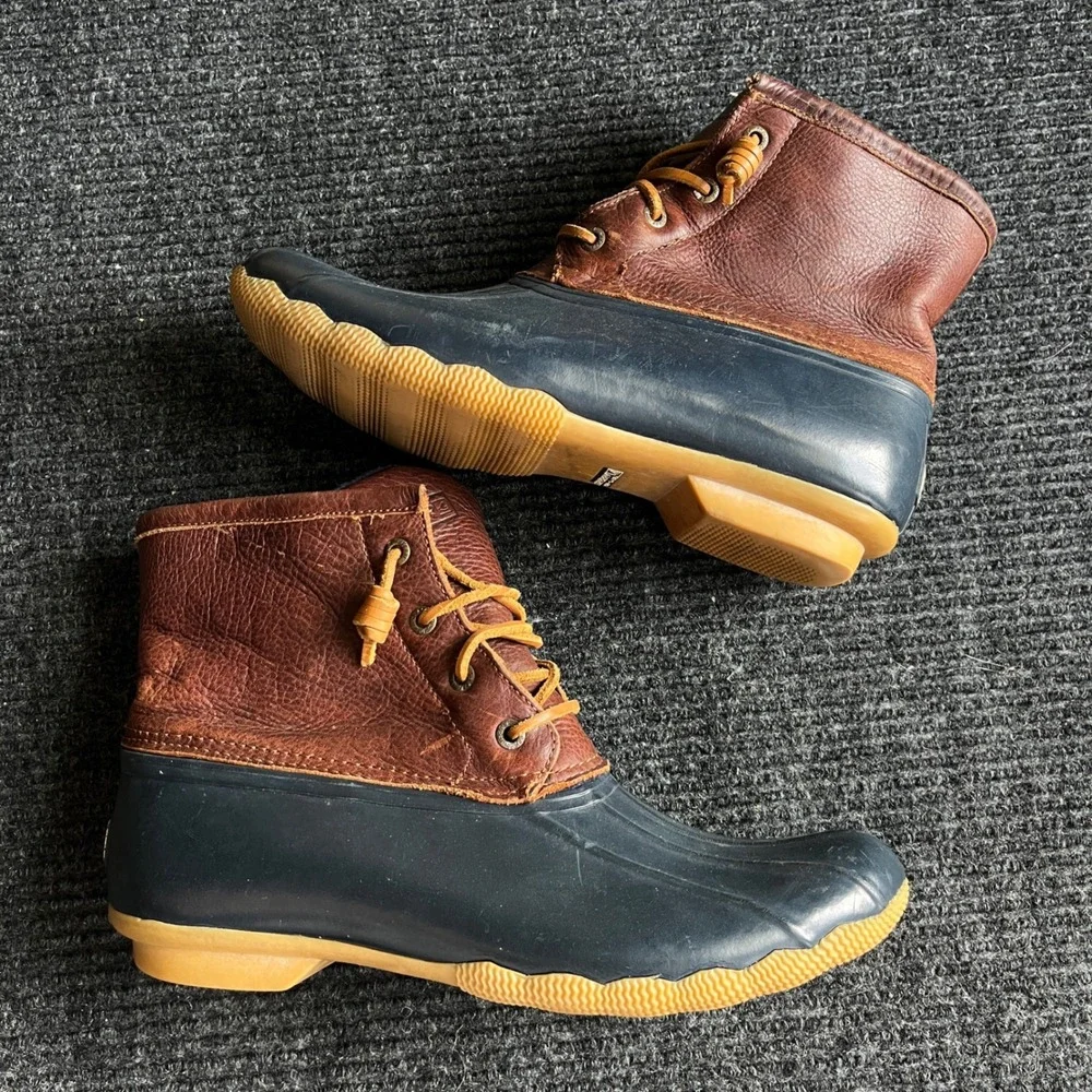 Sperry Saltwater Duck Boot Womens 9.5 Navy Brown Leather Waterproof  rain winter